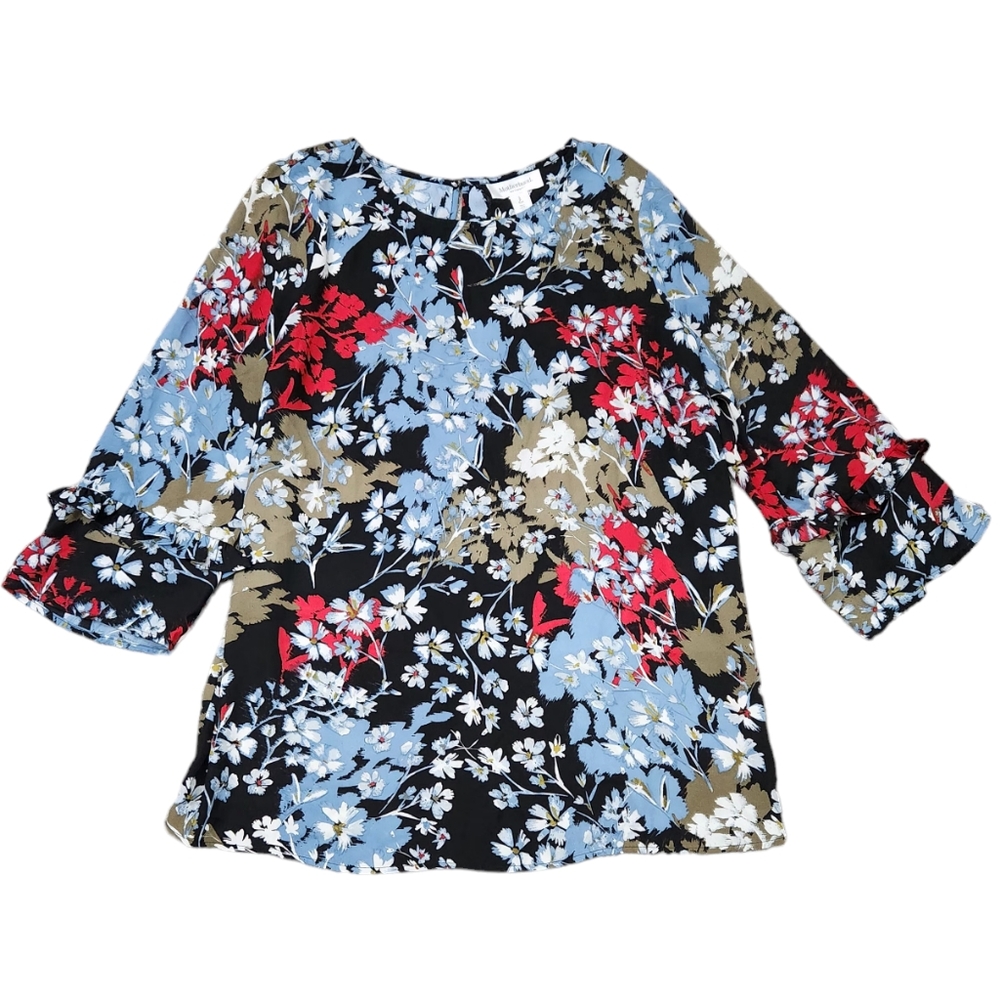 Motherhood Maternity Top Bold Floral 3/4 Sleeve Ruffle Trim Blouse Size S